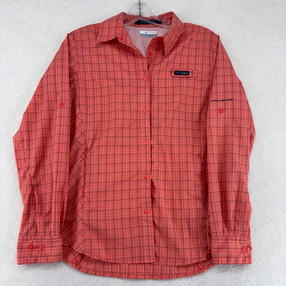 Columbia PFG Super Tamiami Fishing Shirt Womens Small Coral Plaid UPF 40 Omni